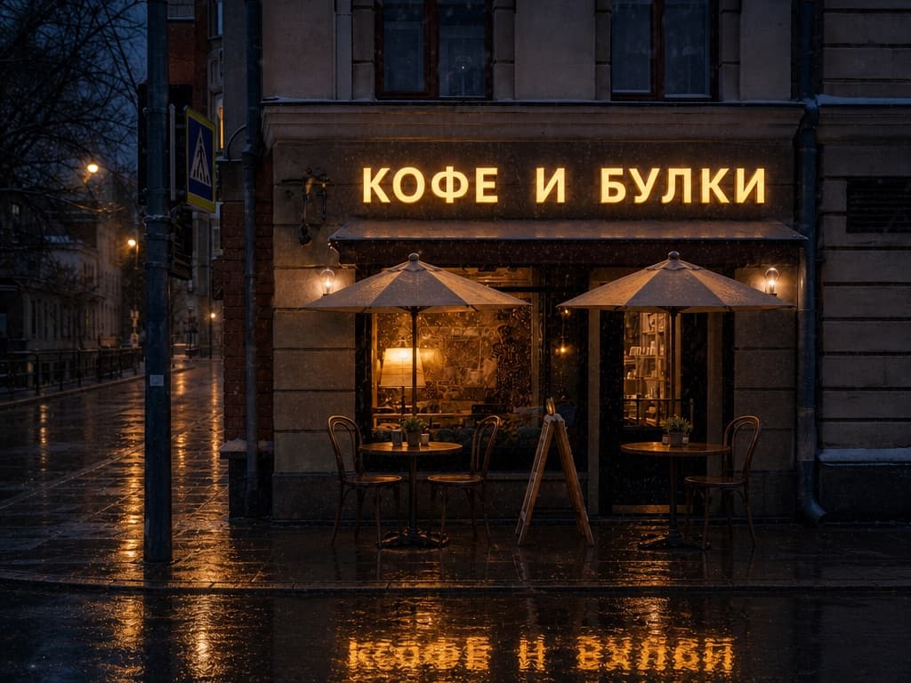 Та же кофейня после правки в GPT Image 2: мокрый асфальт, отражение вывески в лужах и два столика под зонтами у входа