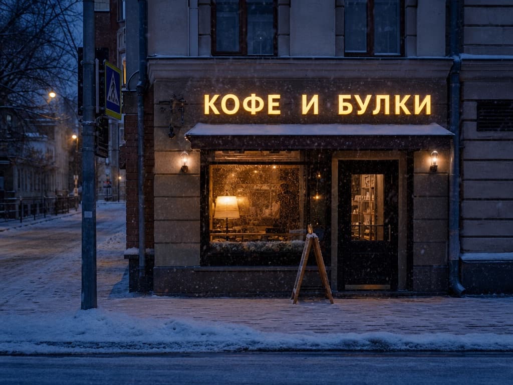 Сгенерированная GPT Image 2 кофейня зимним утром с горящей вывеской «КОФЕ И БУЛКИ» и падающим снегом