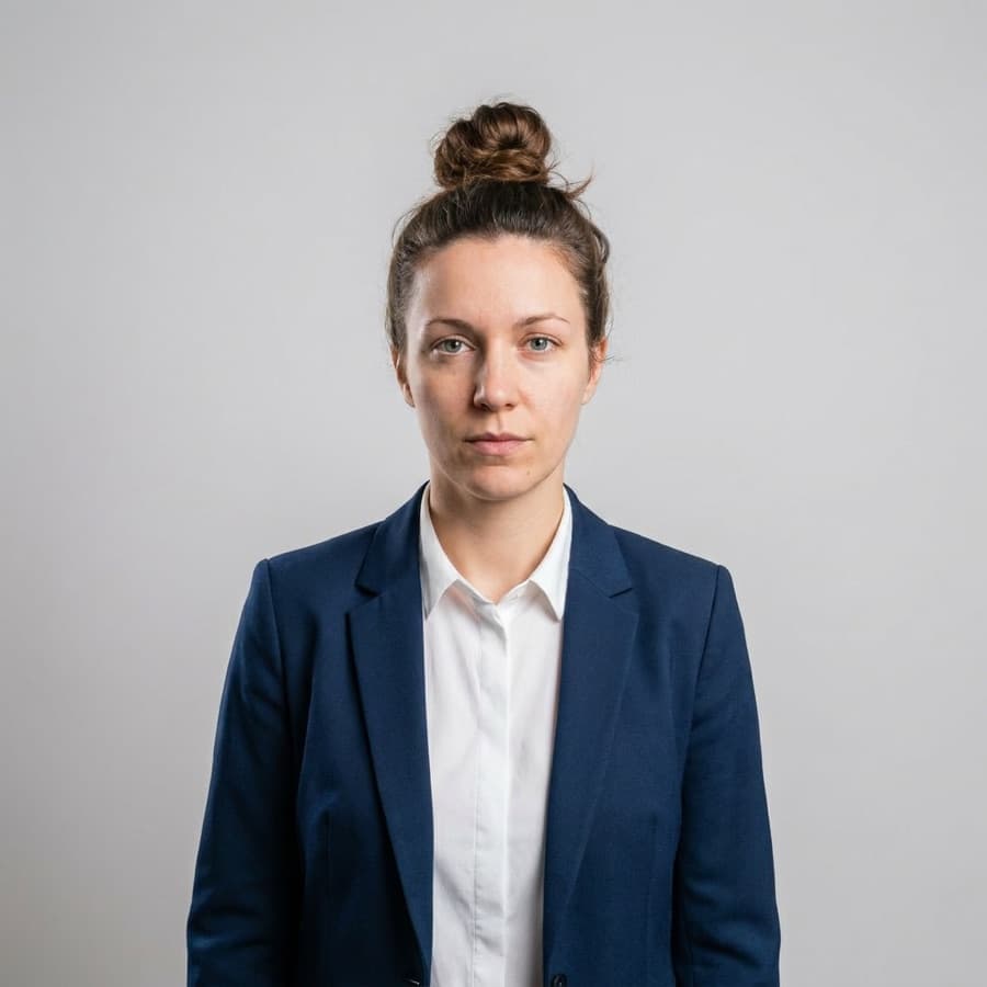 Тот же снимок после правки в Нано Банана Pro: то же лицо и причёска, но белая рубашка, тёмно-синий пиджак и ровный студийный фон
