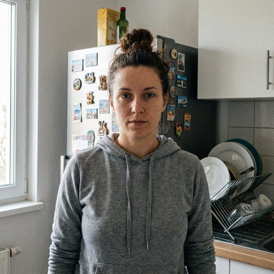Снимок до правки: женщина в серой толстовке стоит на кухне, за спиной холодильник с магнитами и сушилка с посудой