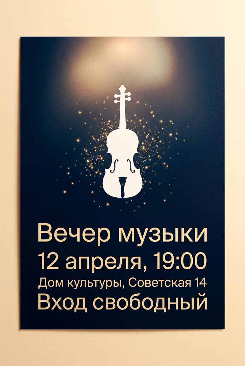 Афиша концерта: тёмно-синий лист, силуэт скрипки в золотых искрах и четыре строки по-русски — «Вечер музыки», «12 апреля, 19:00», «Дом культуры, Советская 14», «Вход свободный»