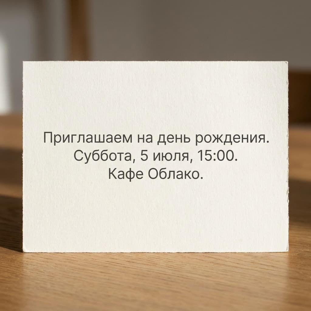 Приглашение на карточке из плотной бумаги: три строки по-русски — «Приглашаем на день рождения», «Суббота, 5 июля, 15:00», «Кафе Облако»