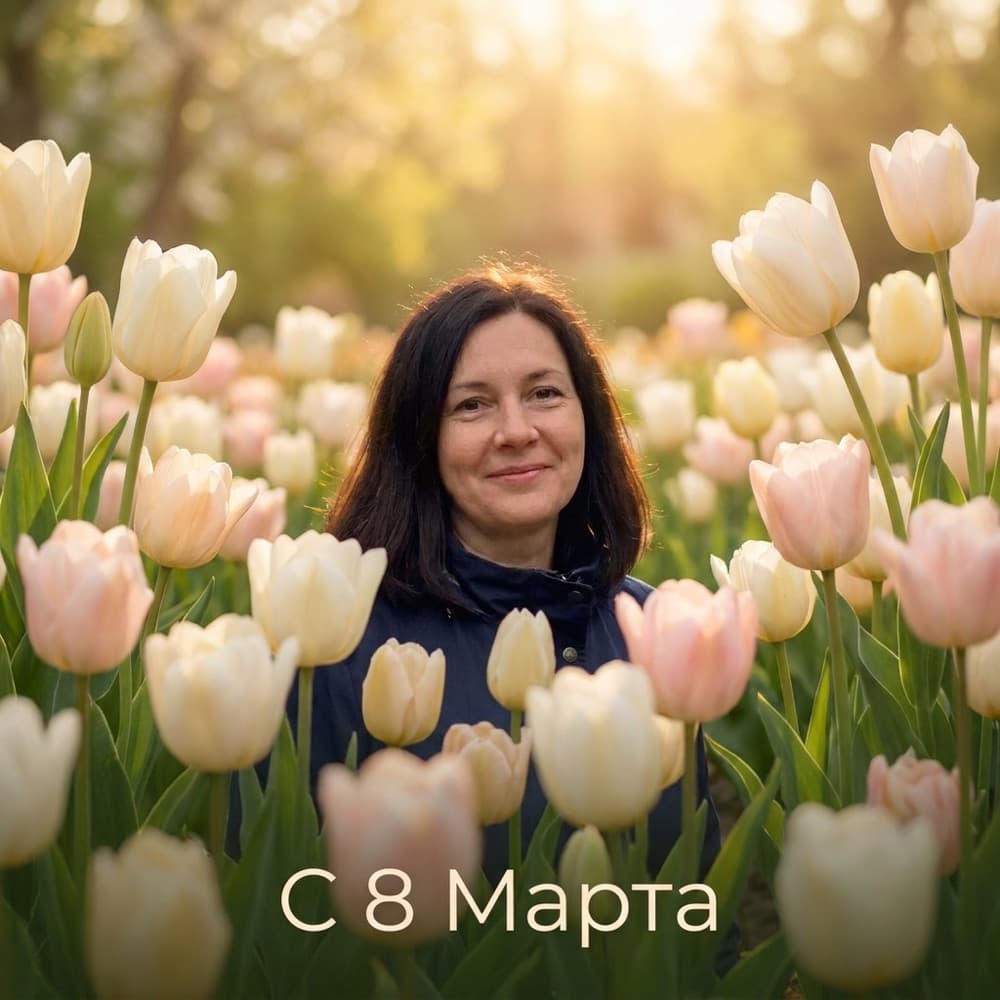 Открытка к 8 Марта: та же женщина среди светлых тюльпанов в тёплом весеннем свете, внизу надпись «С 8 Марта»