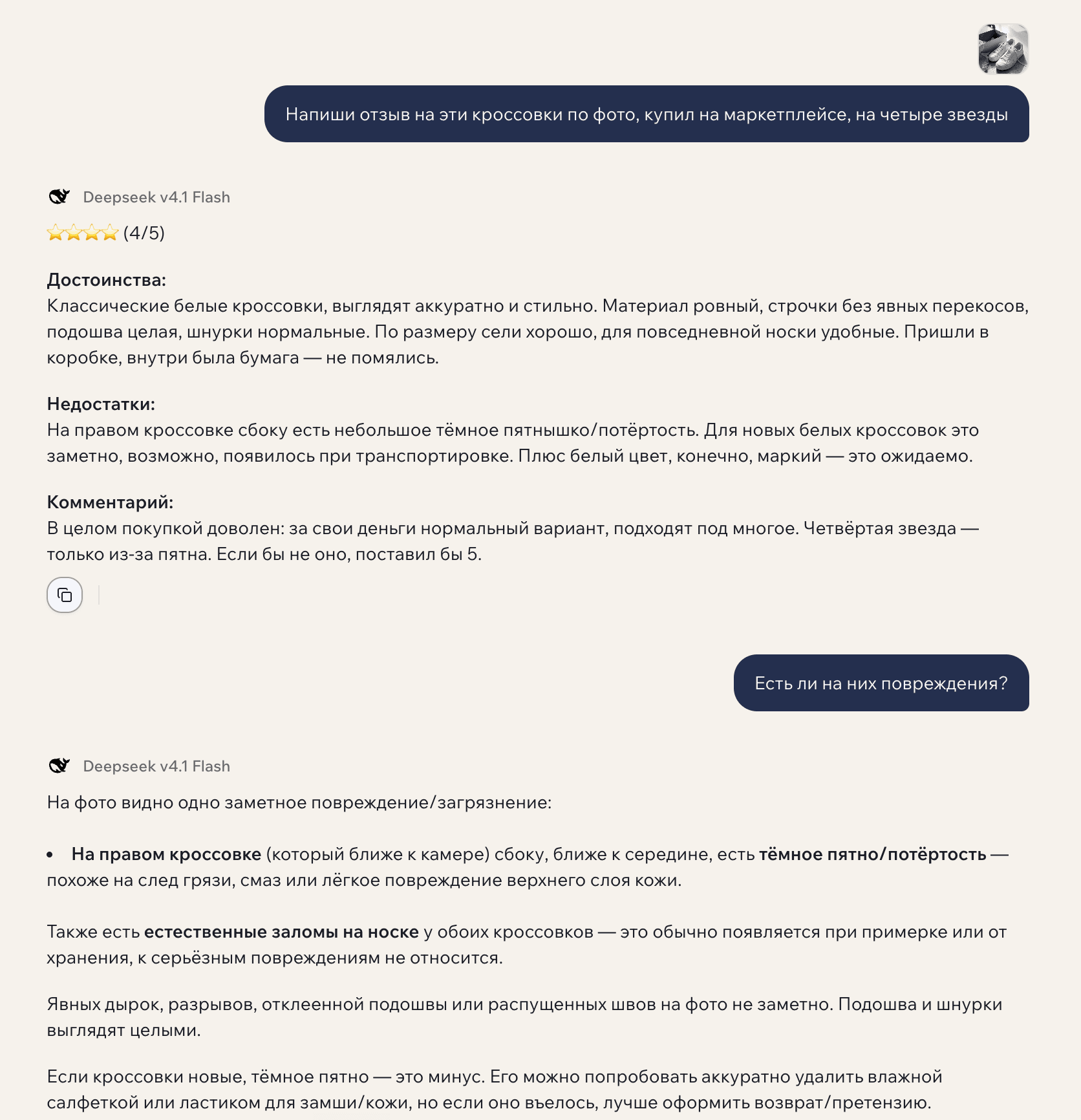 Разговор в GPTschat: к сообщению приложена фотография белых кроссовок, ниже отзыв на четыре звезды, а следующим ответом — разбор того, что видно на кадре
