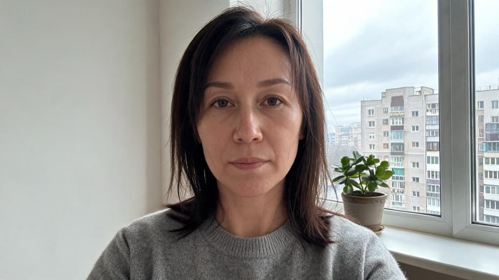 Женщина 35 лет в сером свитере стоит у окна городской квартиры, пасмурный день, мягкий свет слева, на подоконнике комнатный цветок