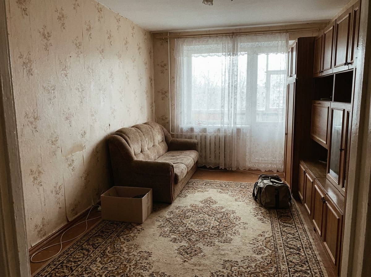 Комната в панельной квартире, снятая на телефон от двери: выцветшие обои в цветочек, старый ковёр на полу, коричневый диван у стены, деревянная стенка справа, окно с тюлем, картонная коробка и сумка на полу