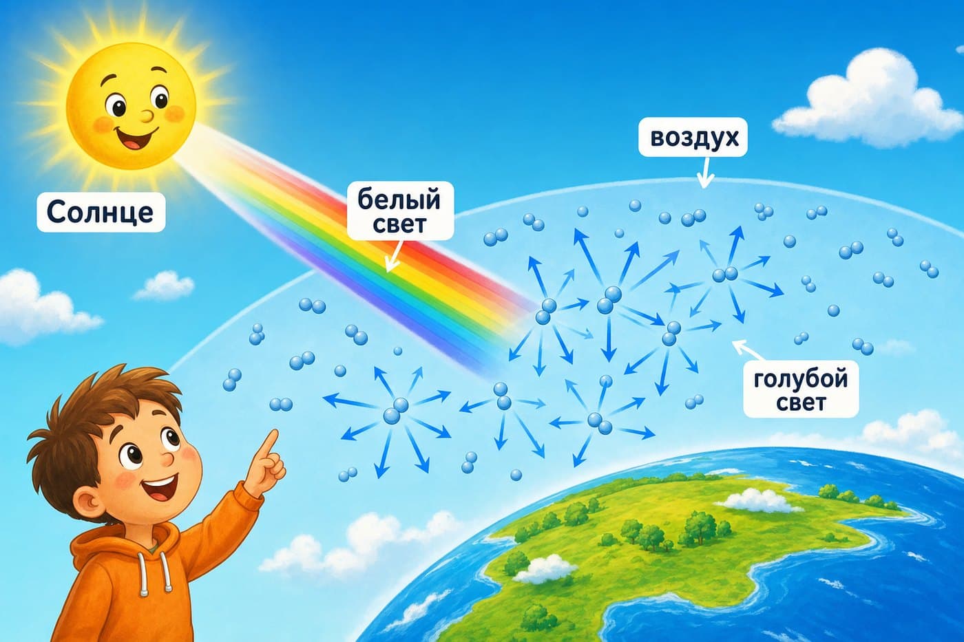 Картинка, нарисованная в GPTschat по просьбе «объясни ребёнку, почему небо голубое»: Солнце, белый свет, рассеяние на воздухе и голубое небо